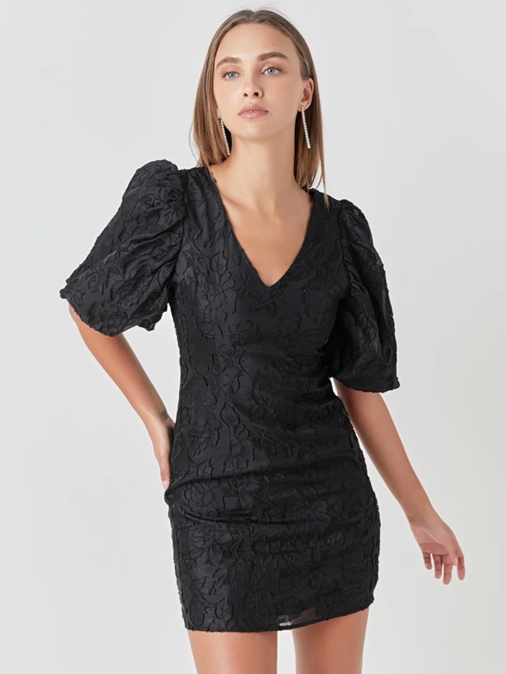 Endless Rose Floral Jacquard Puff Sleeve Mini Dress In Black Size Small